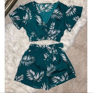 2 piece, green tropical shorts set